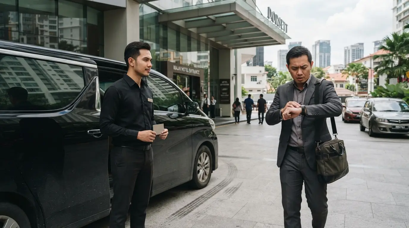 Professional chauffeur waiting outside a Kuala Lumpur hotel