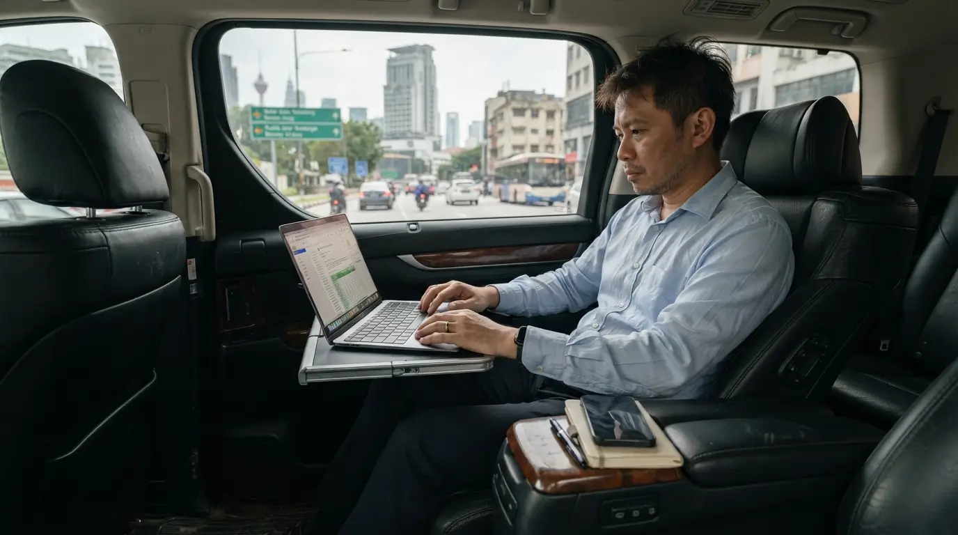 Business executive working inside a private chauffeur vehicle in Kuala Lumpur