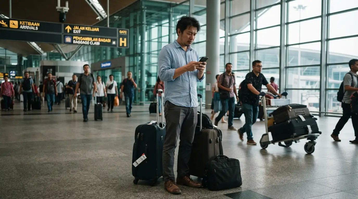 Tired business traveller arriving in Kuala Lumpur with luggage