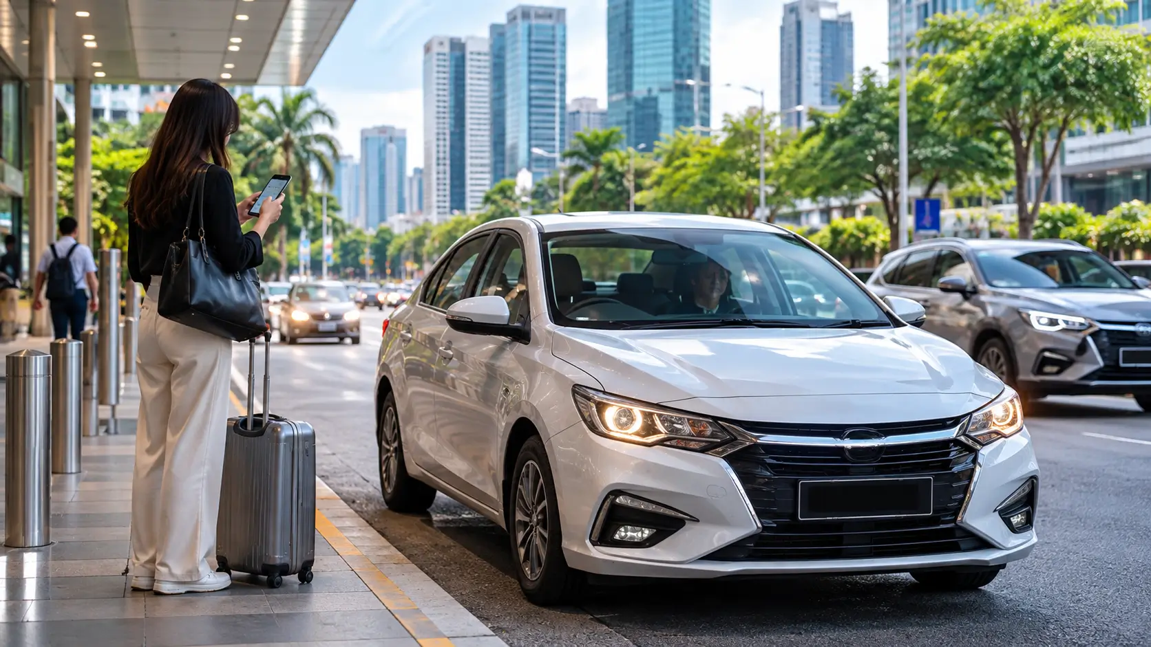 Passenger waiting for an e-hailing car at a city pickup point