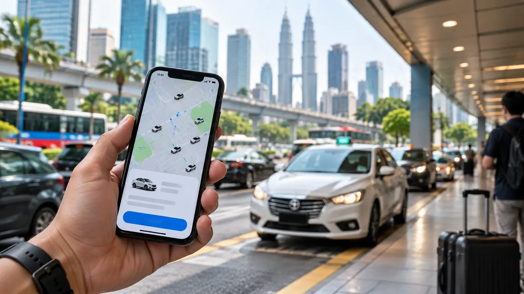 Passenger using a smartphone to book an e-hailing ride