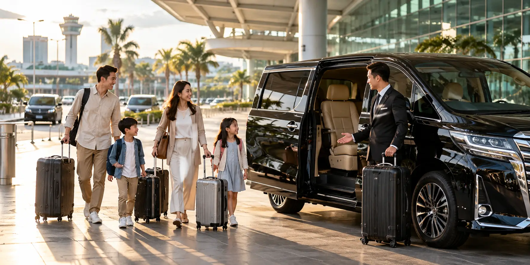 Family with luggage preparing for a private airport transfer