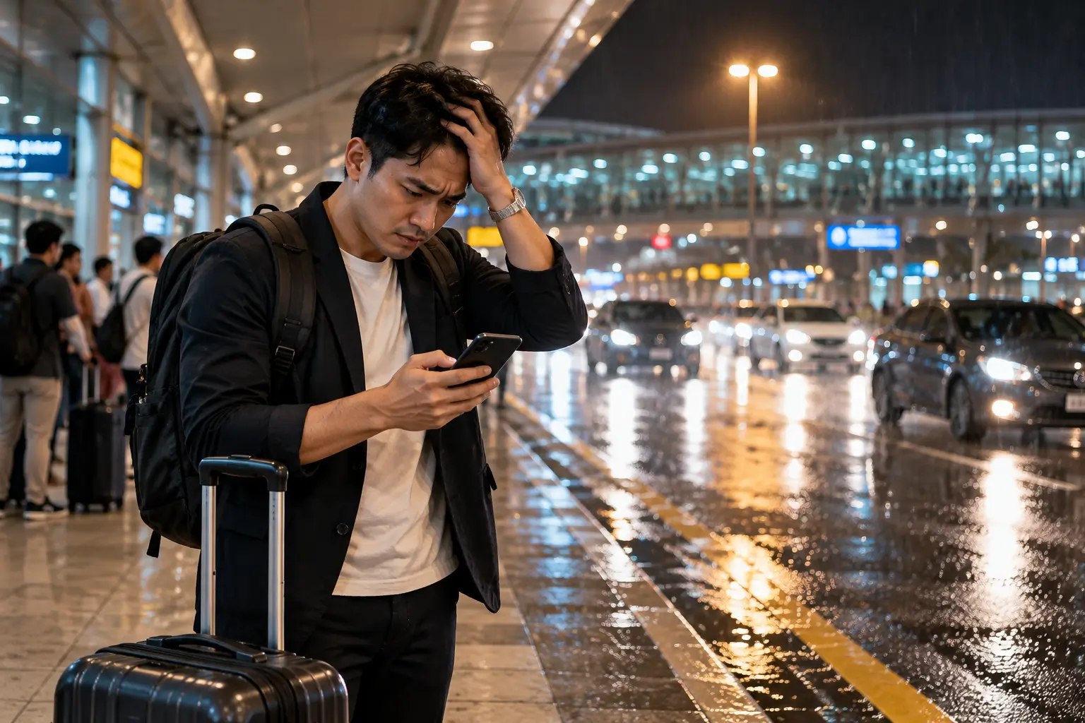 Passenger waiting with luggage and checking a smartphone