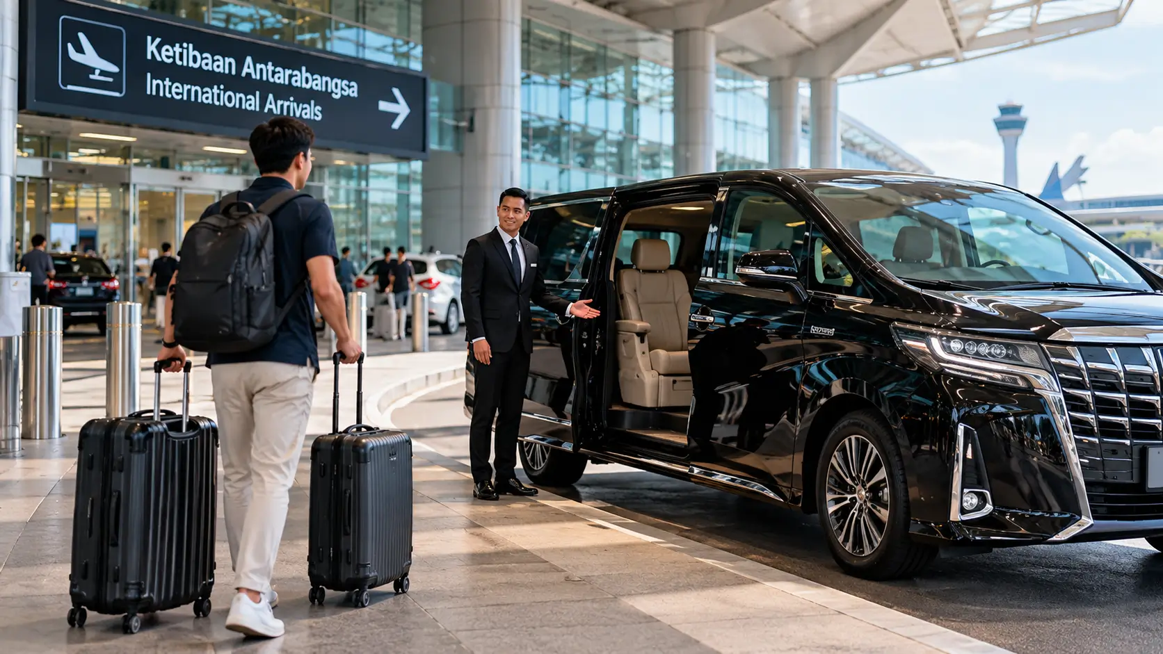 Professional chauffeur standing beside a private luxury MPV