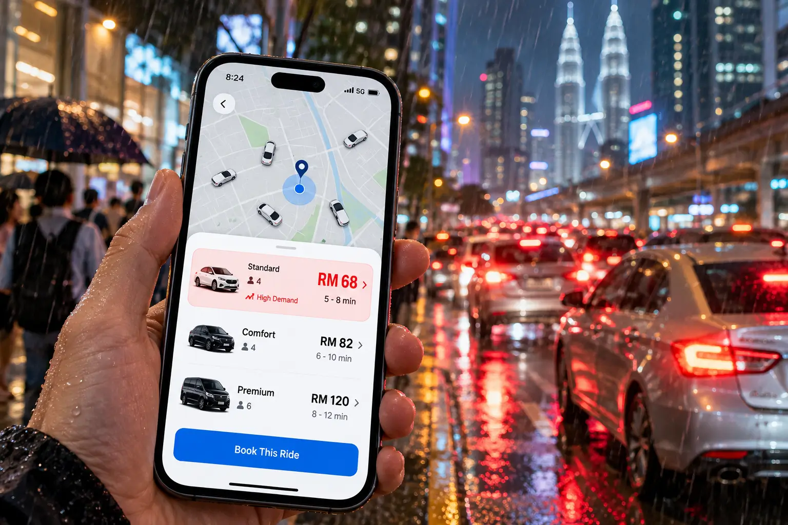 E-hailing surge pricing displayed on a smartphone during high demand
